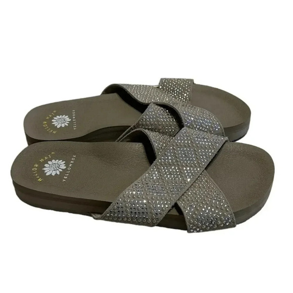 Yellow Box Mellow Mat Jeweled Cross Strap Slip on Sandals Size 8.5 Taupe Leather - Picture 2 of 10